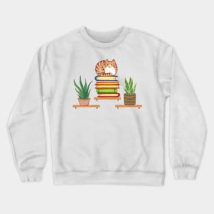 Plants, Cats And Books - Bookish Cat Aesthetic - Cat On A Bookshelf Crewneck Sweatshirt